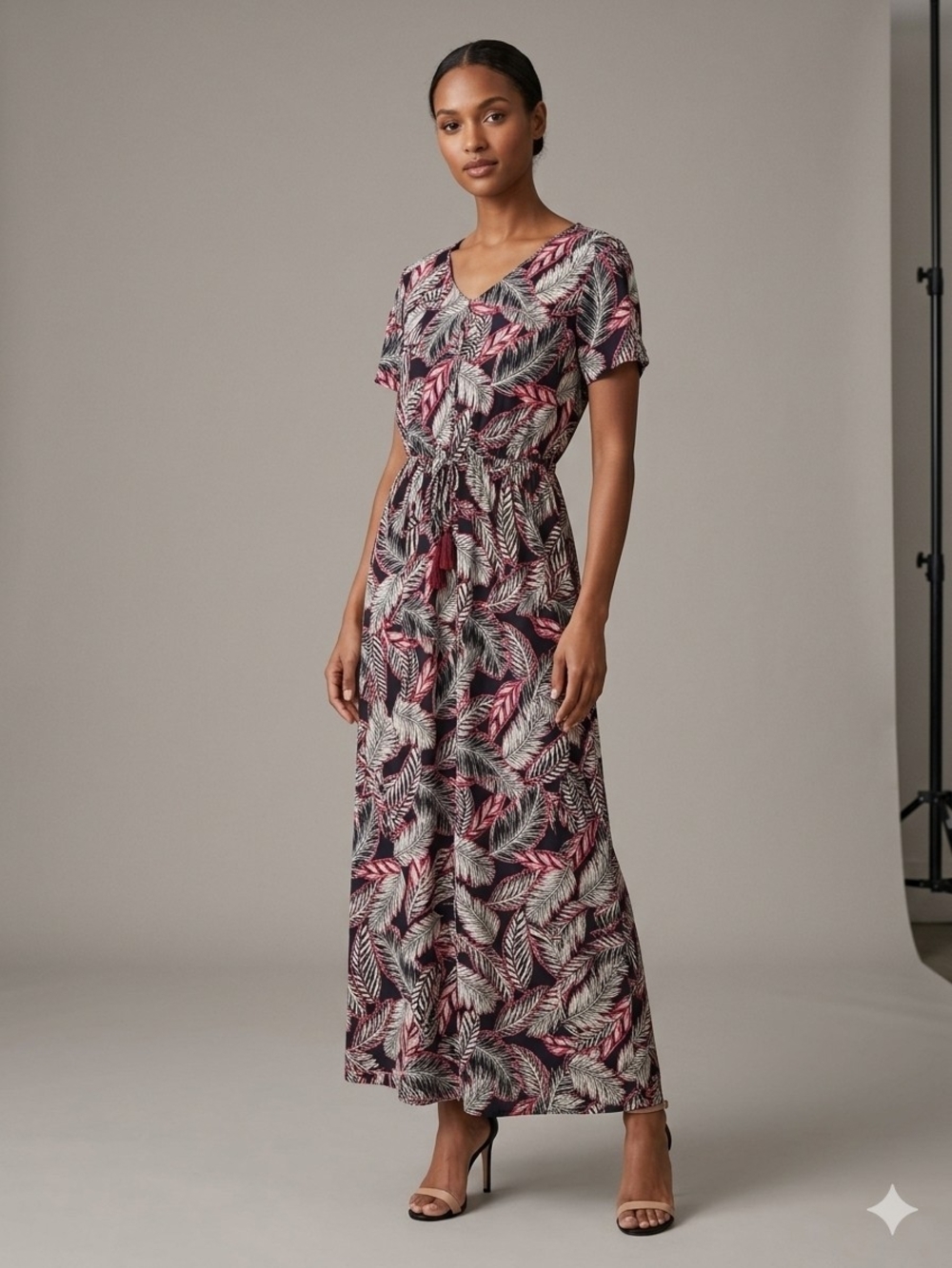 V-Neck Short Sleeve Leaf-Print Maxi Dress in Pink and Black